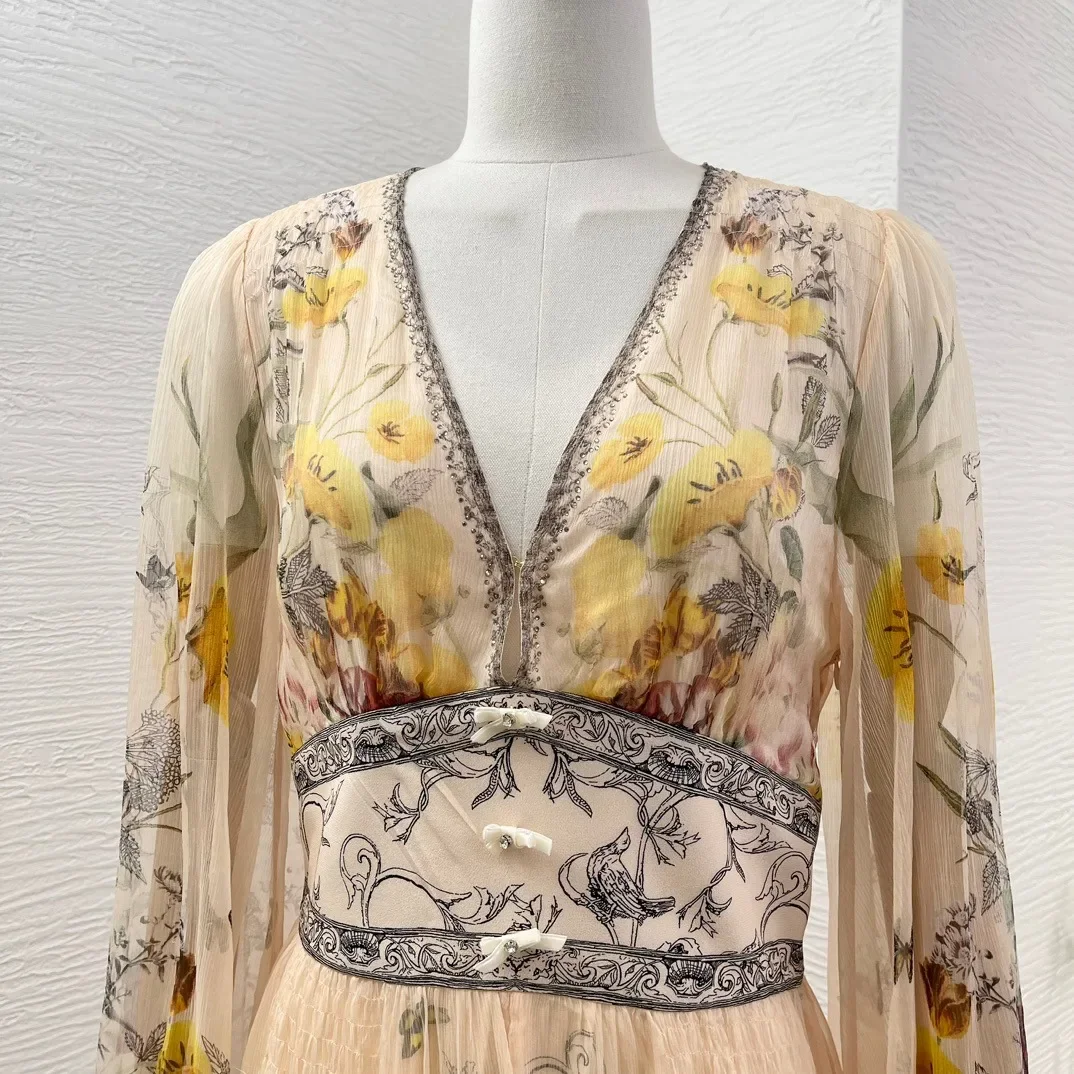 Zijde gouden bloemen vlinderprint lange mouw diamanten geperst vintage 2024 topkwaliteit zomer diepe v-hals midi-jurk