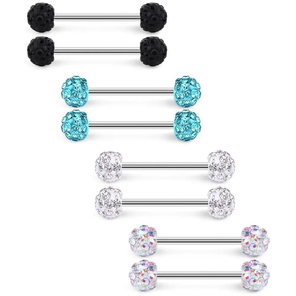 1/4Pairs 14G 16mm Crystal Ball Nipple Tongue Shield Rings Stainless Steel Straight Barbell Body Piercing Jewelry Retainer