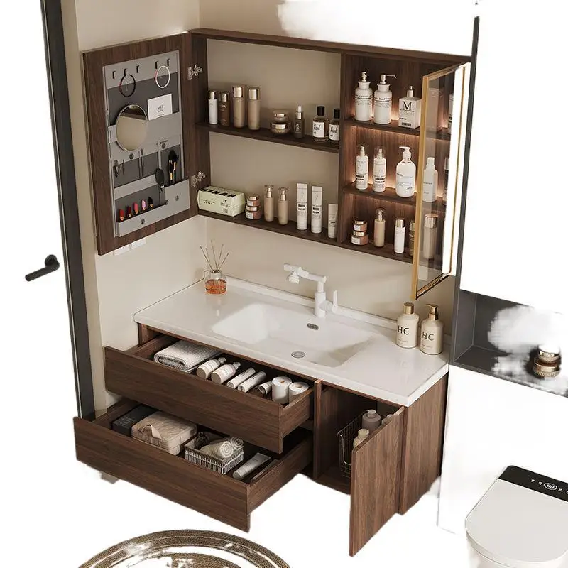 

Walnut wash basin bathroom cabinet combination hand ceramic integrated face wash new Chinese style