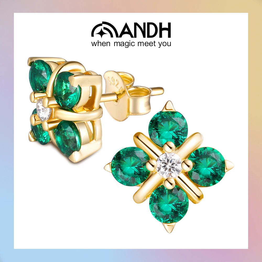 

APIR 14K Gold Plated Cultivate Emeralds Moissanite Stud Earrings Luck Four-leaf Clover Anniversary Birthday Ladies' Jewelry Gift