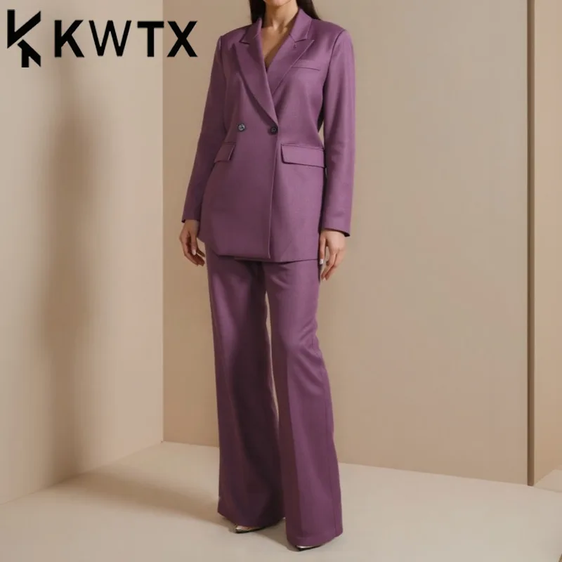 

KWTX женский фиолетовый комплект из 2 предметов, приталенный пиджак, широкие брюки, элегантный минималистичный шикарный дизайнерский наряд премиум-класса SS2025
