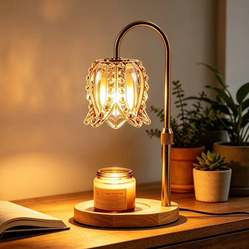 Luxury No Fire Aromatherapy Wax Melt Lamp Lily of the Valley Shape Glass Shade Dimmable Solid Wood Base Fragrance Desk Lamp