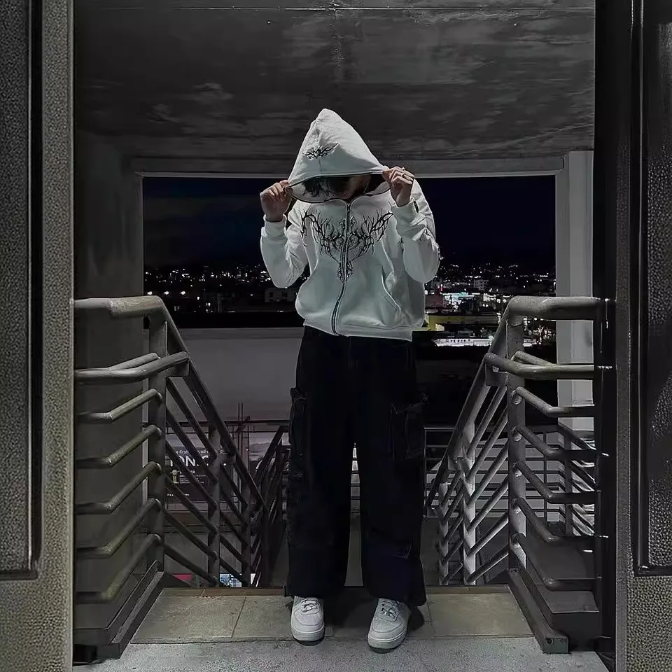 Bluza z kapturem Halloween Y2K Harajuku Street Retro Luźna Odzież Sportowa Gotycki Rozpinany Sweter Długi Rękaw Regularny Krój Damski P...