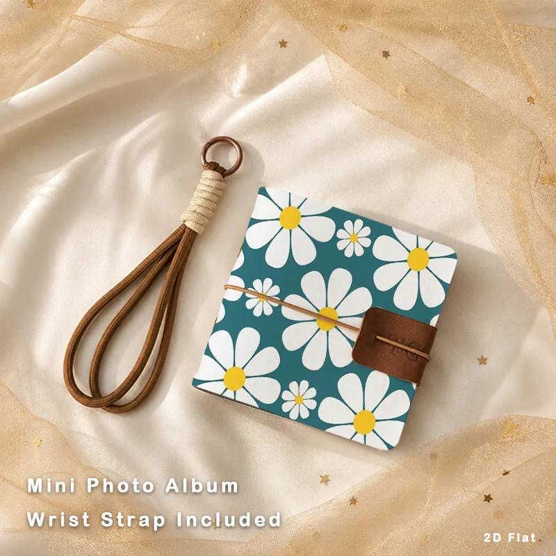 Fresh Teal Background White Daisy Floral Mini Photo Album with Detachable Wrist Strap Sweet Gift for Girls & Flower Lovers