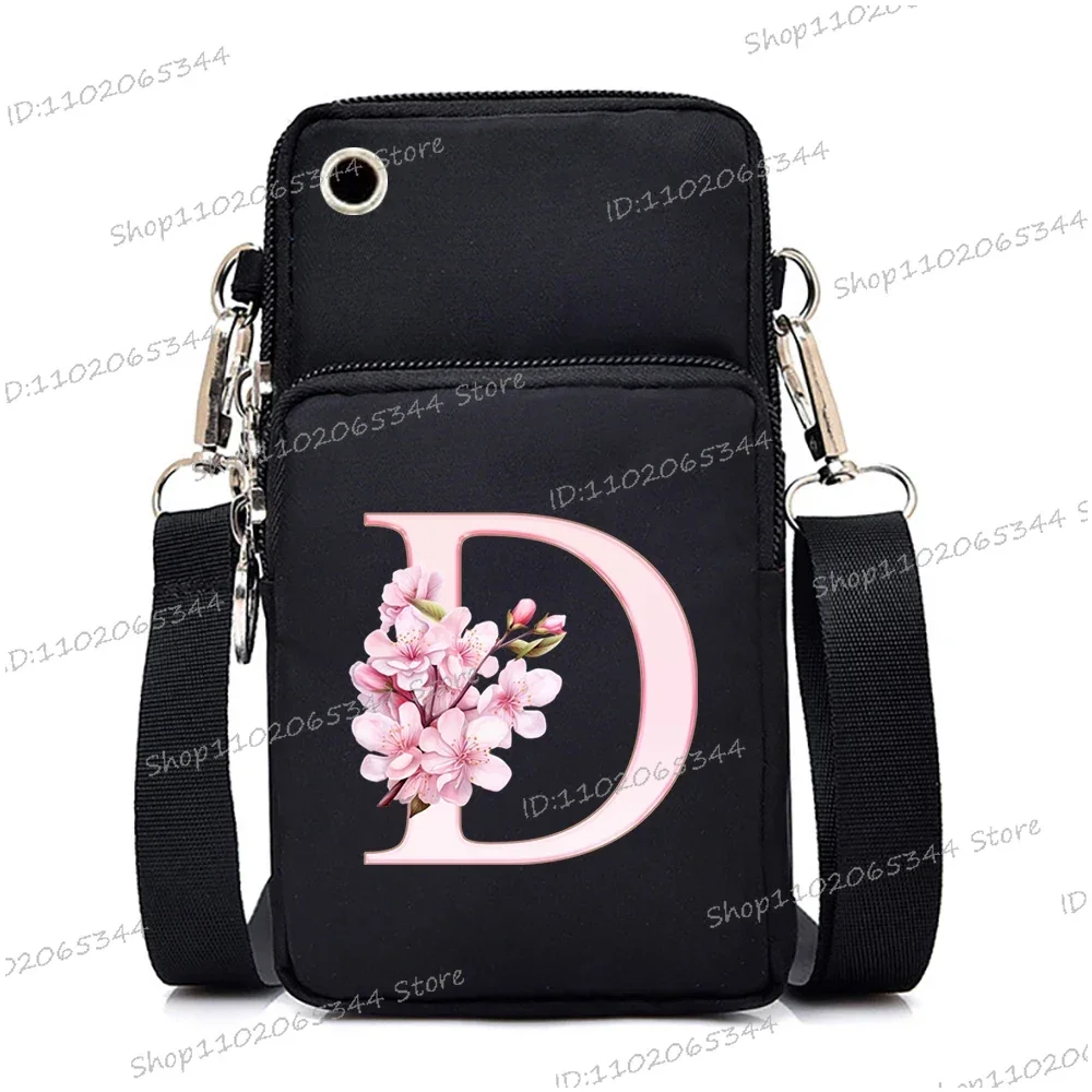 Pink Sakura Printing 26 Floral Alphabet A-Z Messenger Bag Hanging Neck Coin Purse Vertical Handbag Fashion Small Crossbody Bag