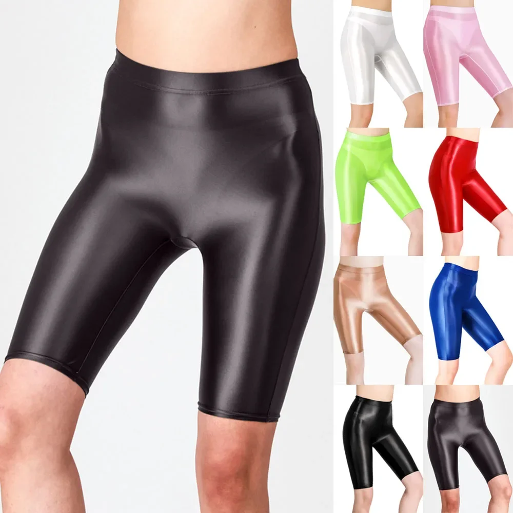 Frauen sexy schiere glänzende thermisch glänzende elastische nasse weiche feste nahtlose dehnbare Öl gamaschen weiche Yoga-Shorts Lounge weibliche Hosen