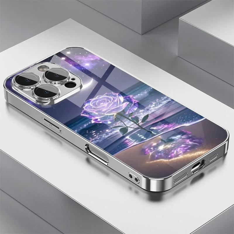 

Purple Seaside Rose Pattern Glass Electroplated Phone Case For iPhone 11 12 13 14 15 16 17 Pro Max 14 15 Plus 16E 17 Air Cover
