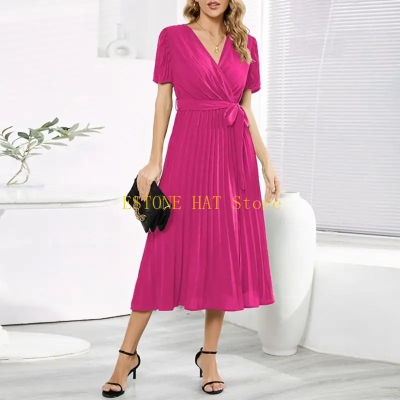 49MF Damska elegancka bufiasta sukienka z krótkim rękawem i dekoltem w kształcie litery V, plisowana, długa sukienka midi z