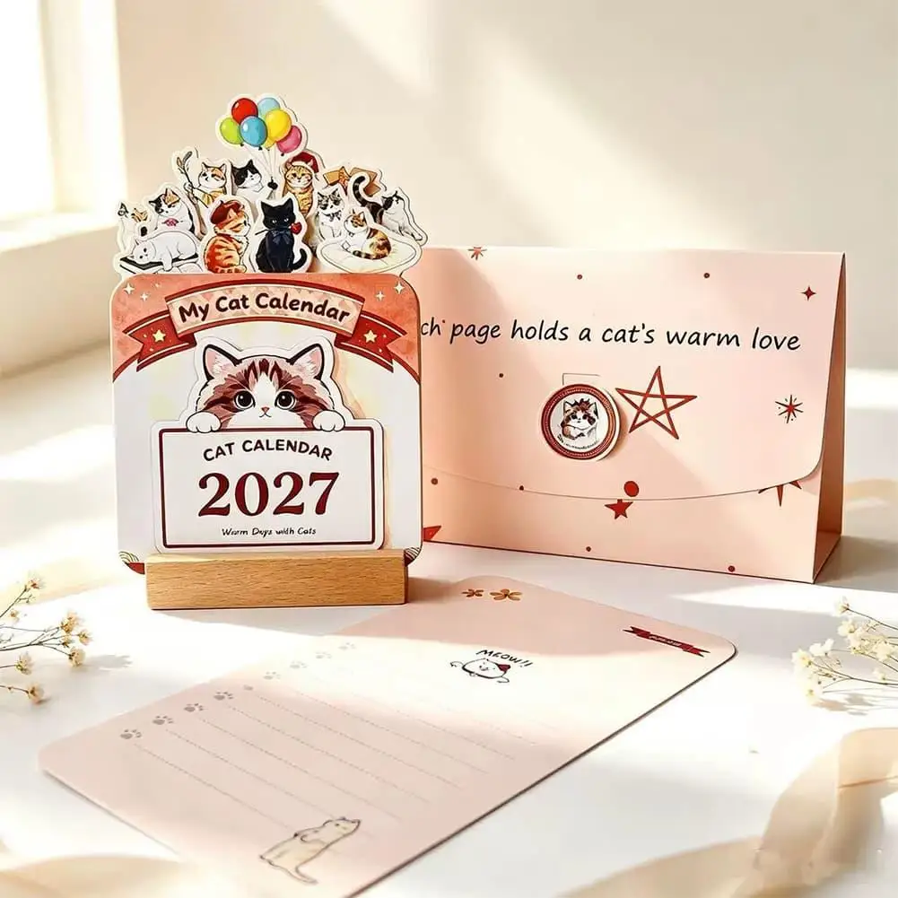 New 2027 Cute Cat Floral Artwork Desk Calendar Wooden Stand Planner Monthly Calendar For Home School Office Desk Decorative