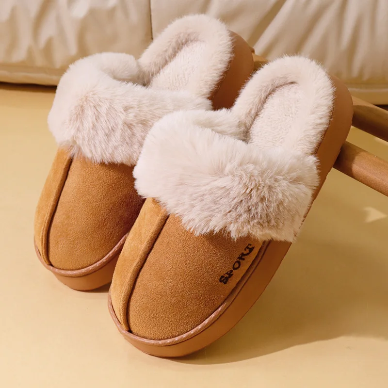 New big furry cotton slippers, European and American fashion, non-slip thick EVA sole, simple and warm cotton slippers for home