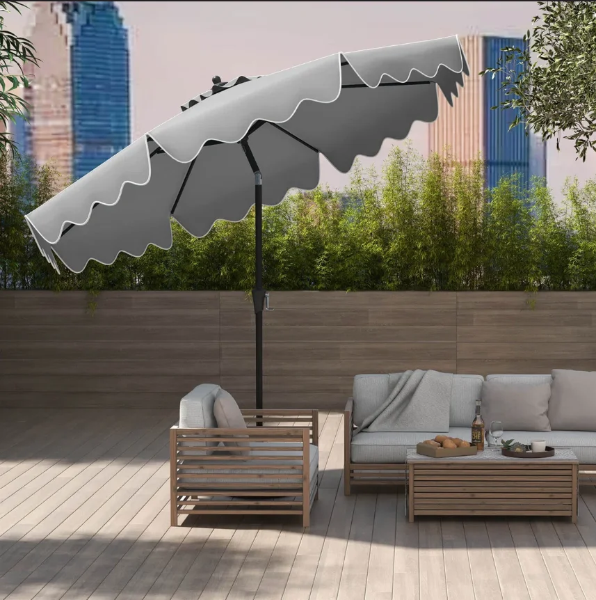 ！@Grey Polyester Fabric Iron Pole Patio Umbrella Waterproof Foldable Design Crank Lift Outdoor Garden Center Pole Umbrella
