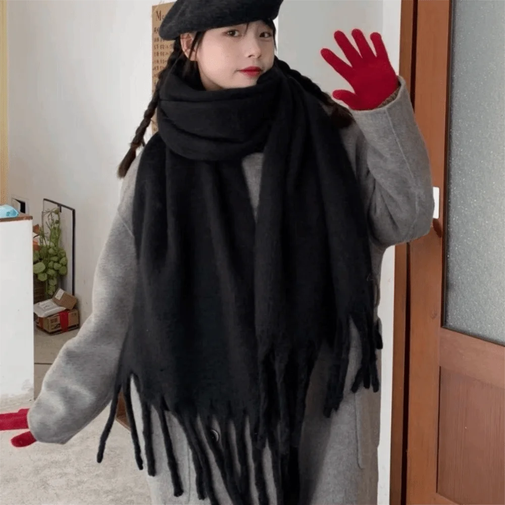 Bufanda de lana Mohair Retro con borlas, bufandas gruesas de Cachemira para invierno, Mantón largo de felpa de estilo coreano para estudiante