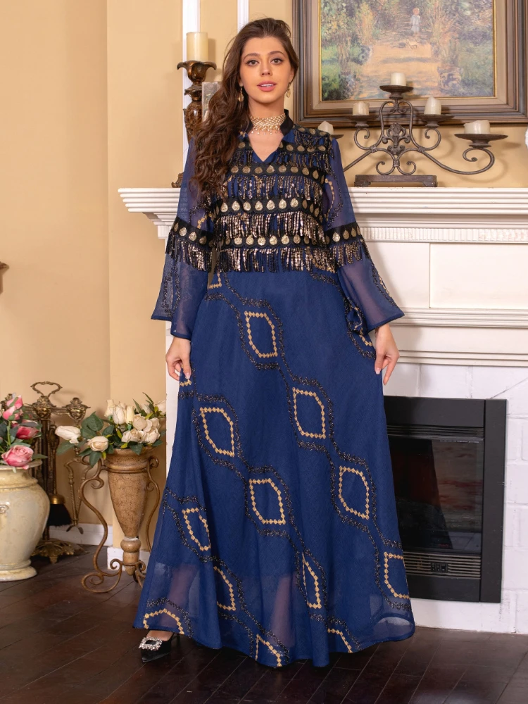 Eid Morocco Party Long Dress Eid Muslim Women Abaya Morocco Sequins Tassel Elegant Prayer Robe Dresses Ramadan Musulman Vestidos