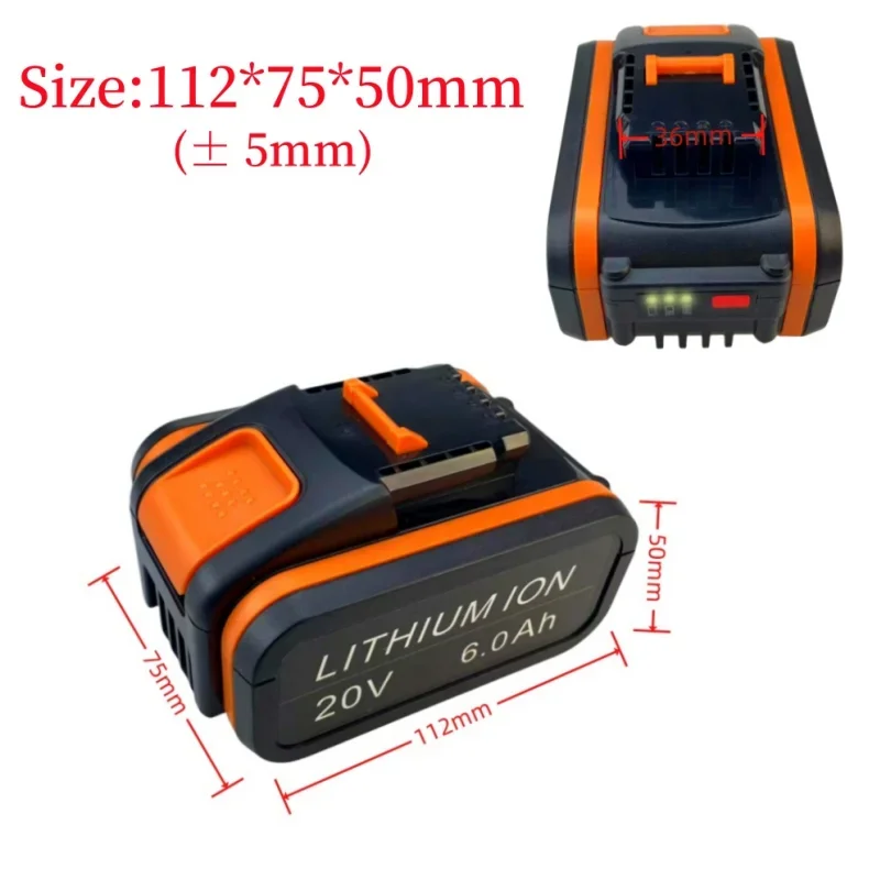 20V, 6.0 Ah Batterie de rechange aste au lithium-ion d'origine Worx WA3551, WA3553 WX176 WX550 WX386 WXino 3 WXgain, WX800,WU268