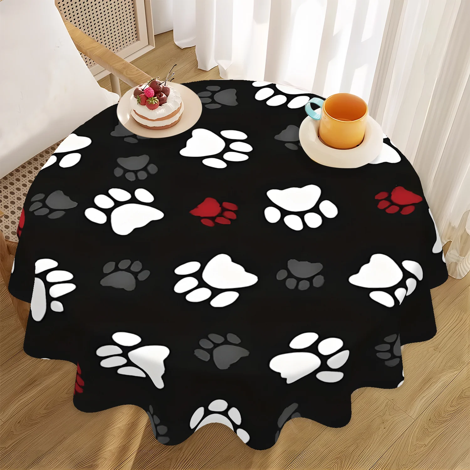 1pc Cute Dog Paw Print Tablecloth, 61-inch Round, 100% Polyester, Machine Washable