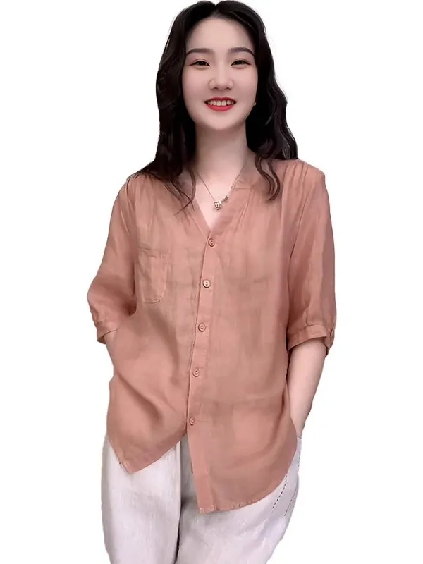 한국 스타일 순색 심플 린넨 여성 여름 얇은 루즈핏 브이넥 트렌디 스몰 원피스 패셔너블