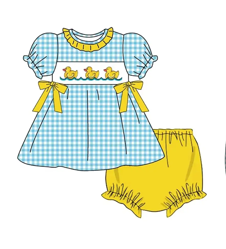 New Cute Summer Toddler Kids Rubber Duck Print Outfit Gingham Dress Romper Top Shorts Set