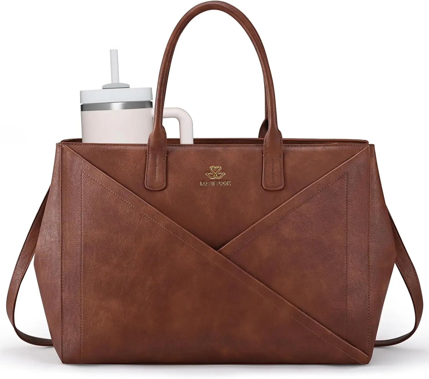 حقيبة كمبيوتر محمول من جلد البولي يوريثان للنساء مع حامل أكواب، حقيبة عمل مقاومة للماء مقاس 15.6 بوصة للمعلمين، حقيبة مكتب الأعمال