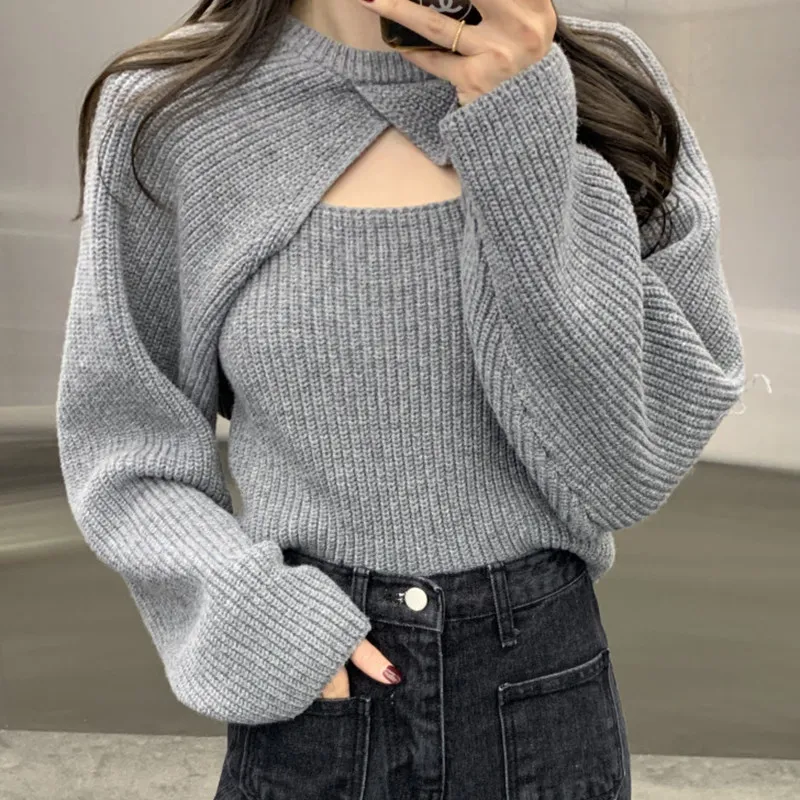Women's Korean Vintage Knit Sweater Set Grey Knit Cami Vest Long Sleeve Sweater Shrug Two-Piece Set for Women Autumn Winter 2026