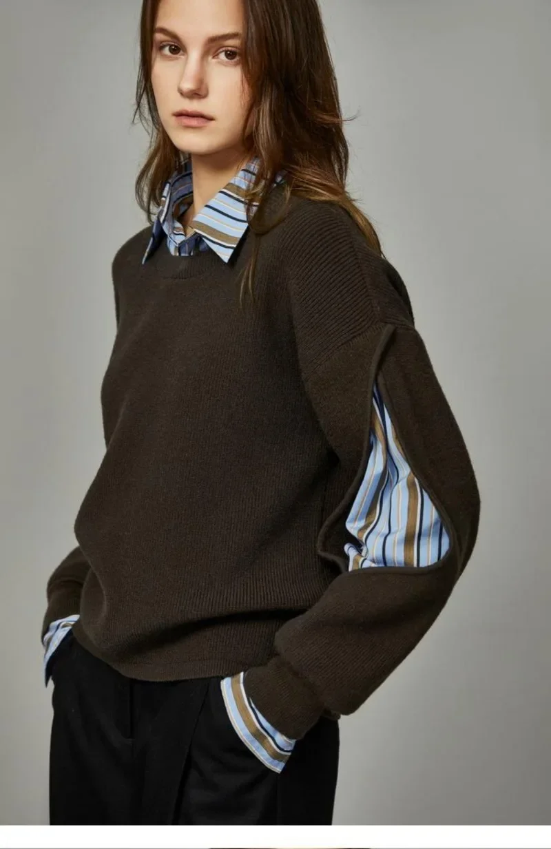 

Sweet Hot Girl Commuting Style Fake Two-piece Knitted Pullover Women's Spring/Autumn Patchwork Hollowed Out Long-sleeved Sweater
