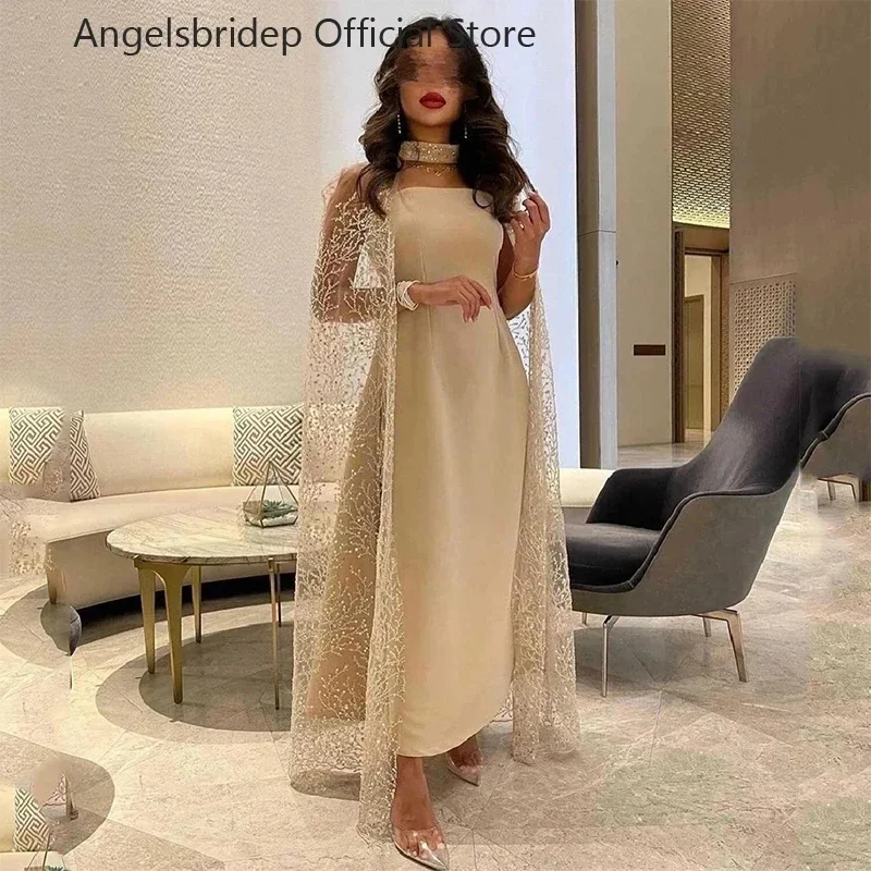 

Elegant Champagne A Line Evening Dress Ankle Length Lace Collar Shawl Jacket Saudi Arbia Prom Vestidos De Festa Special Occasion