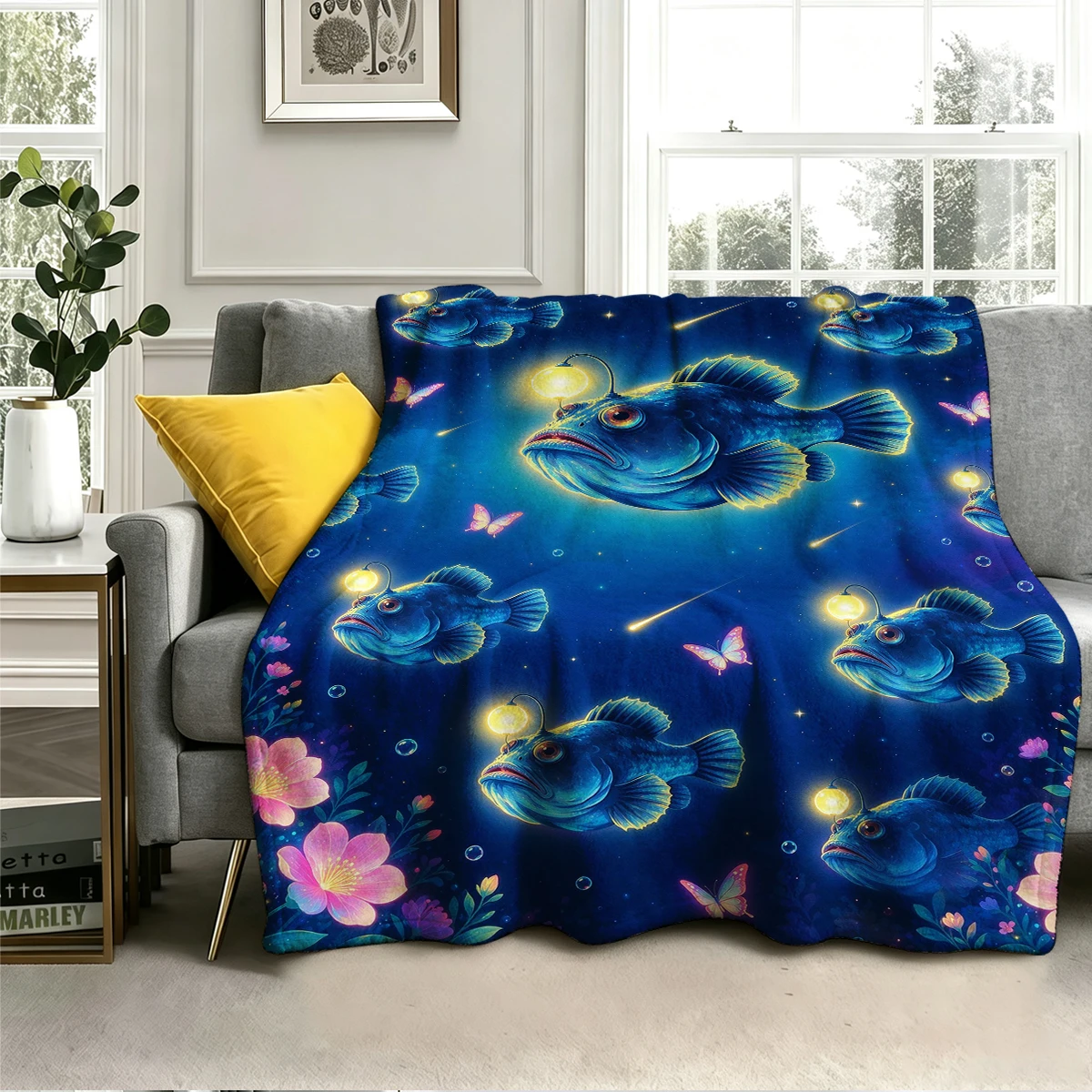 Anglerfish Meteor Night Flannel Blanket Warm Soft Halloween Christmas Decorative Couch Warm Cozy All-Season Gift