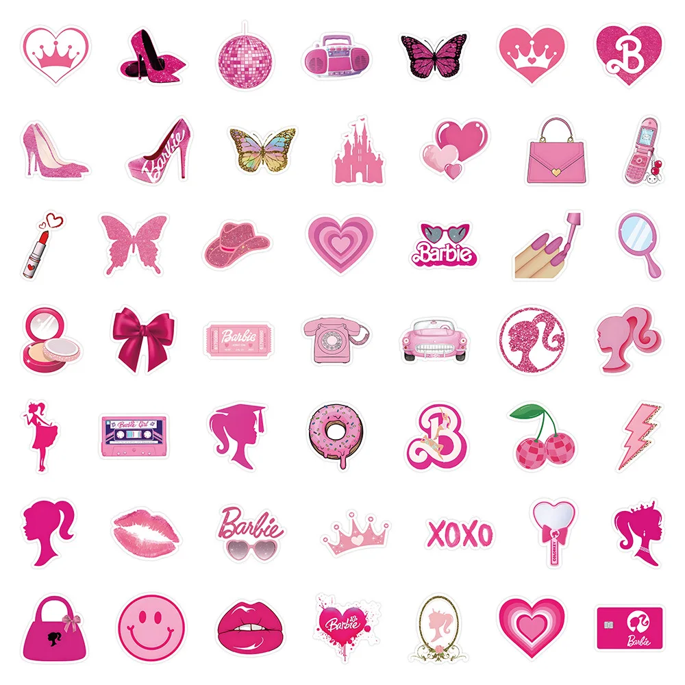 50/60PCS Barbie Pink Y2k Stickers Waterproof Aesthetic Laptop Motor Luggage Guitar Phone Skateboard Classic Kids Toys Stationery