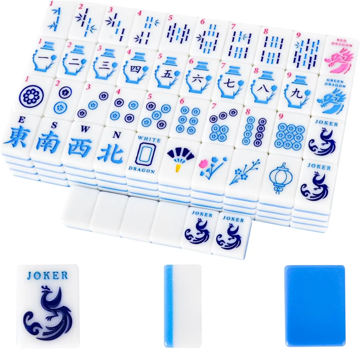 

166 Quality Engraved American Mahjong Tiles, Blue Back, 1.2 inch, with Bag, Dice & Chips, No Rack