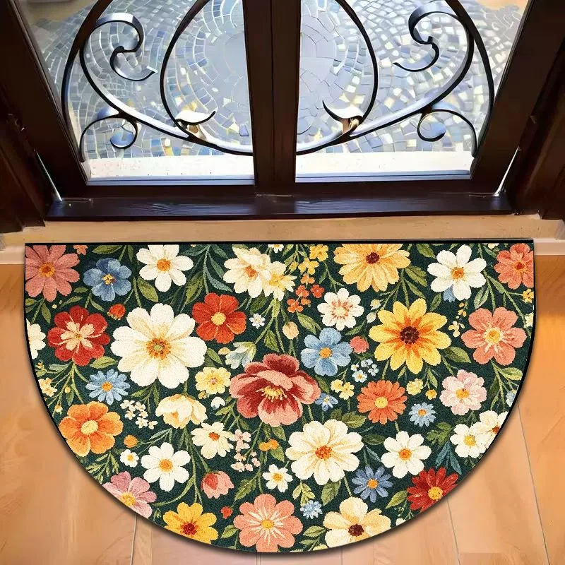 Half Round Vintage Floral Print Doormat 3D Visual Non Slip Absorbent Front Door Mat Rustic Cottage Home Decor Entrance Rug