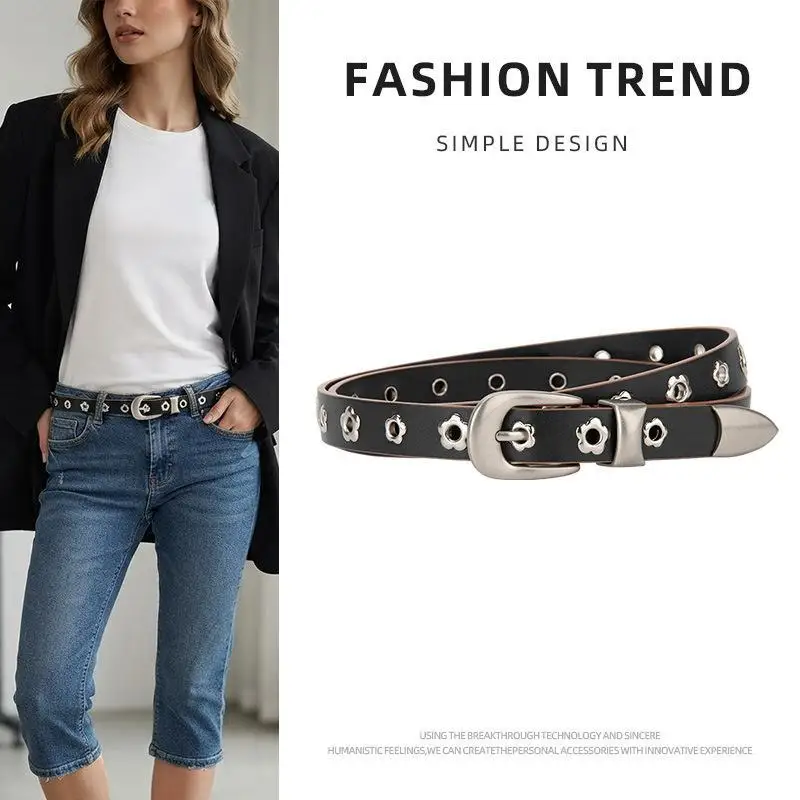 Womens Daisy Blossom Petal Studs Belt Weathered Nickel Buckle Standout Tooled Embossed For Coats Sweaters Hoodies Ranch