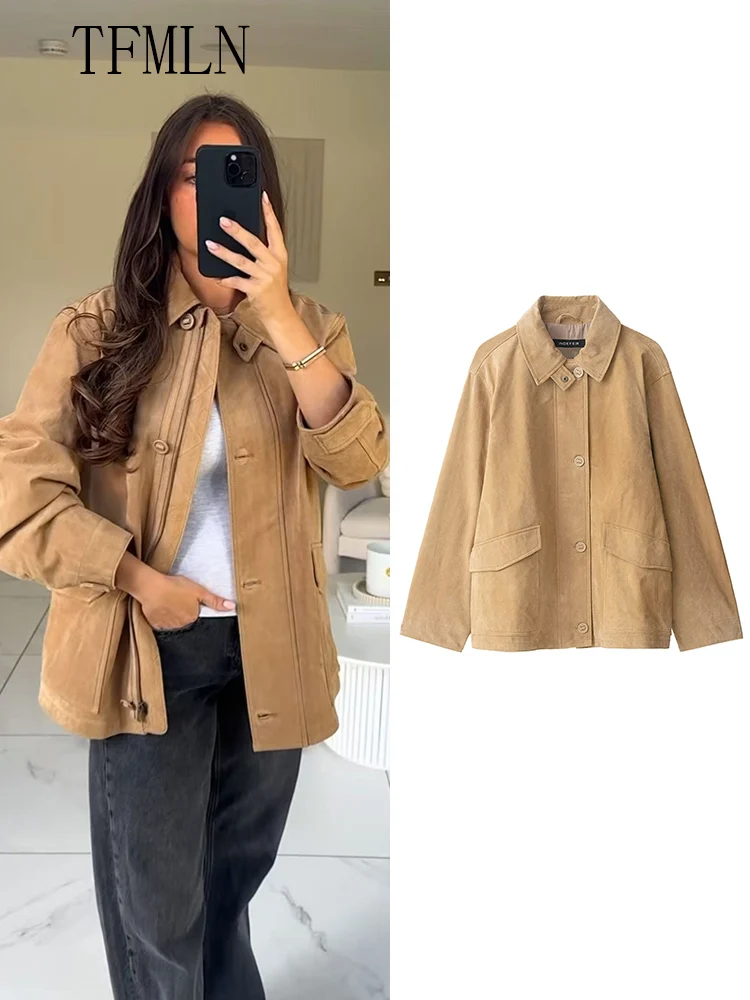 

TFMLN женские новые 2025 шикарные повседневные куртки с карманами, модные однобортные свободные пальто с лацканами, осенняя винтажная женская однотонная верхняя одежда