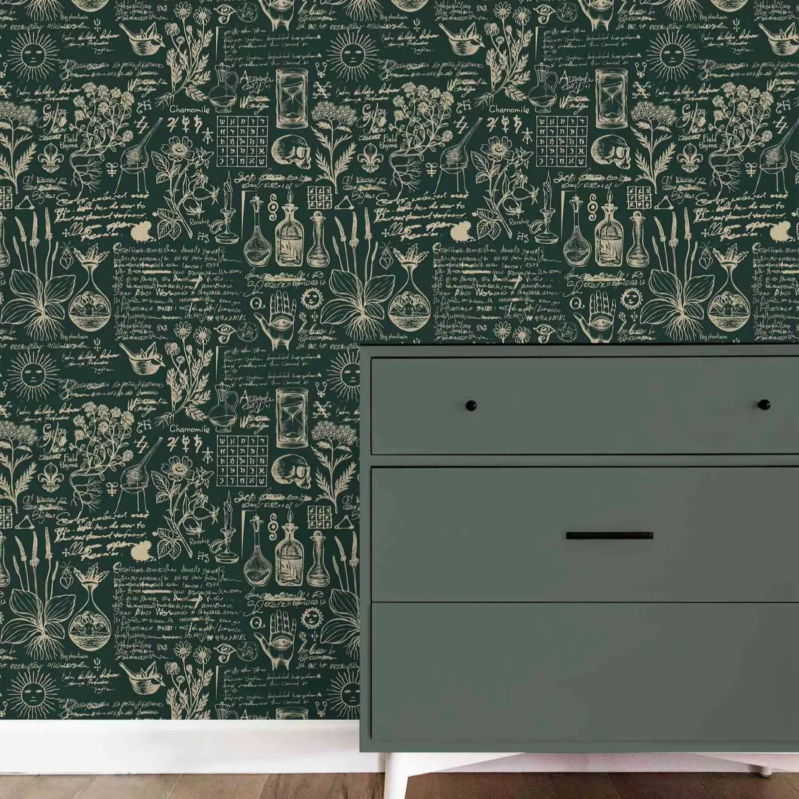 Green Medicine And Herbal Wallpaper - Beige Design Wallpaper Mural ,Retro Style Mural - Wall Art Decor Peel And Stick Wall Paper