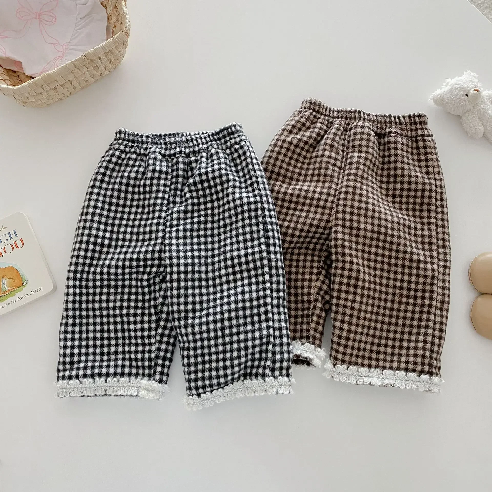 

2024 Winter New in Kids Baby Girls Thick Warm Casual Clothing , Children Plaid Mid-waist Straight Pants Infant Trousers 3M-5Y