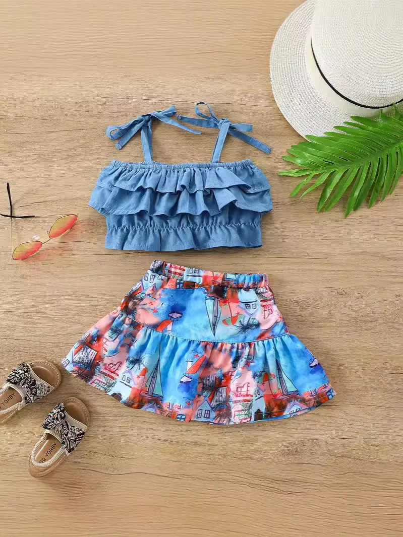 

Girls Suspender Denim Lace Top + Printed Skirt Suit