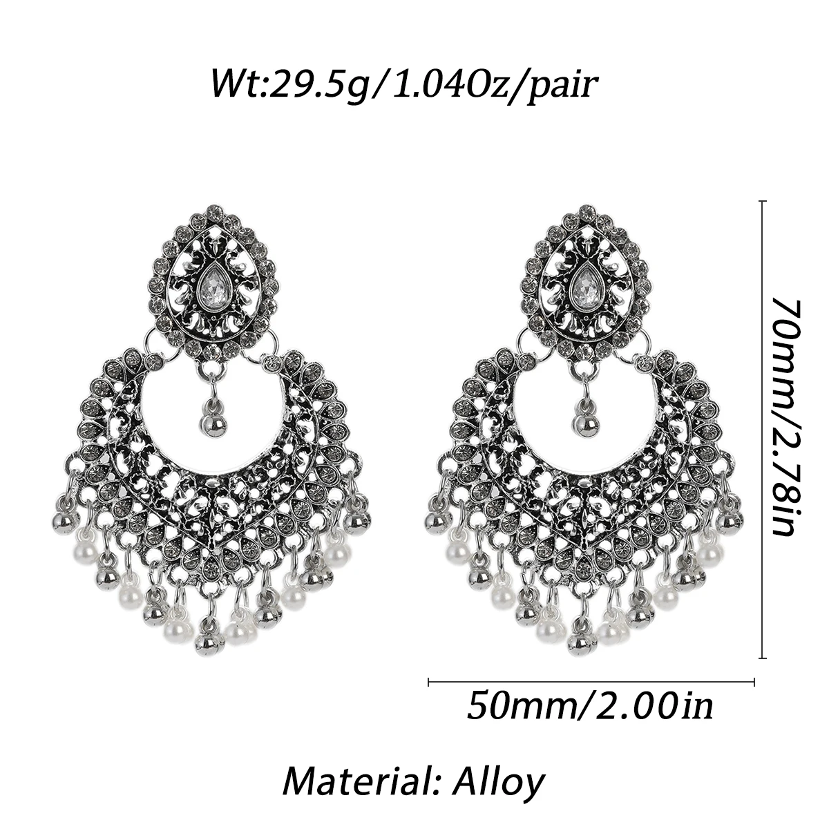 Bohemian Peach Heart Silver Color Earrings Women\'s Indian Jhumka Blue Crystal Vintage Tassel Earrings Bride Wedding Jewelry