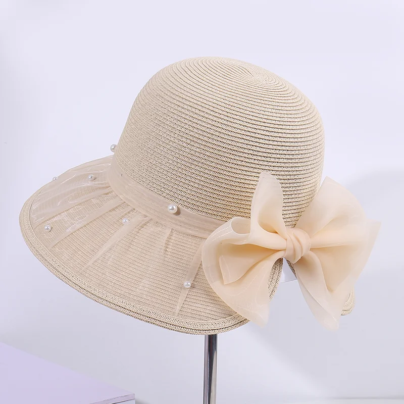 유행 진주 매듭 통기성 우아한 야외 해변 휴가 여행 태양 보호 모자 여성을위한