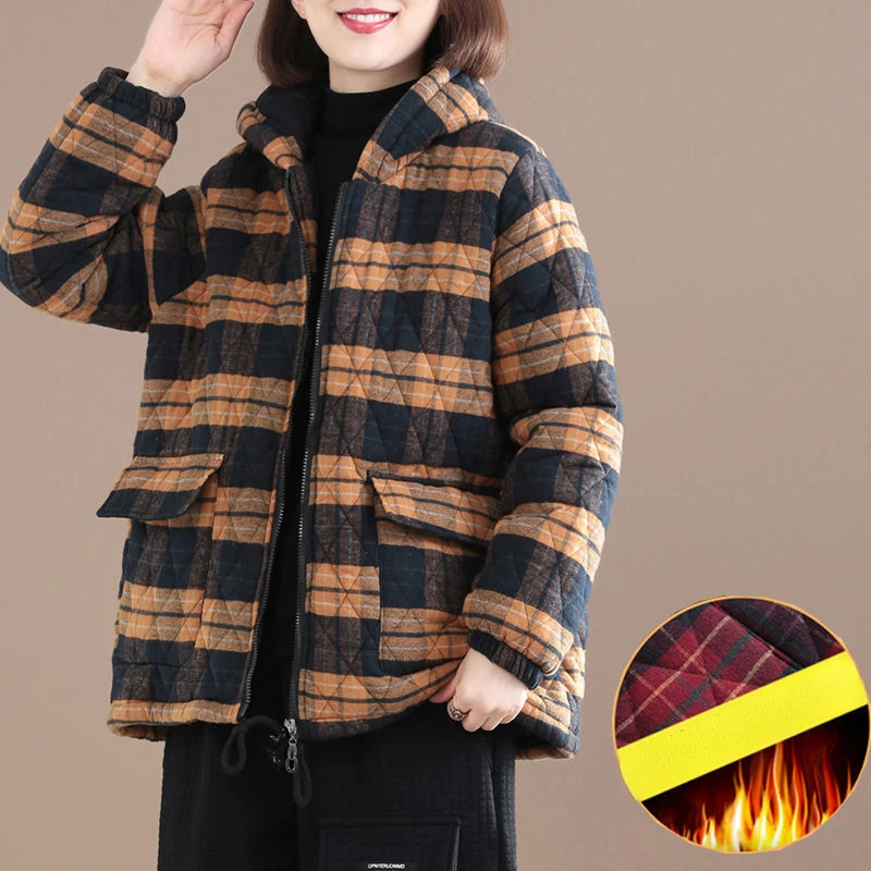 Retro Plaid Jacket Korean Version Winter Plus Cotton Diamond Lattice Warm Thickened Hooded Casual Cotton Coat Female 2025 New