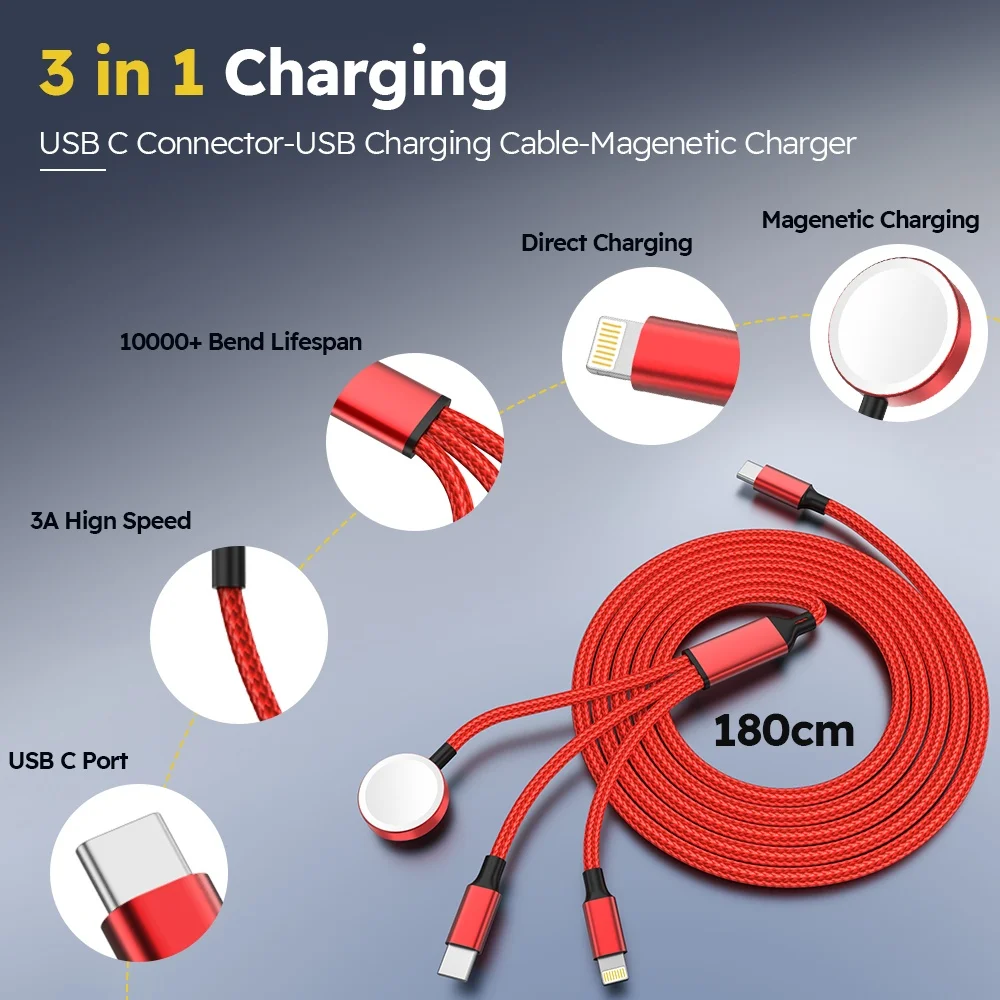 

Зарядное устройство 3-в-1 с красным нейлоновым плетеным кабелем USB-C для iWatch, iPhone и телефонов Android.