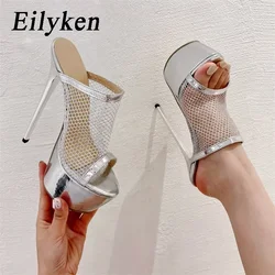 Eilyken 2024 New Design Mesh Fabric Sexy Women Slippers Platform Peep Toe Nightclub Stiletto High Heels Gold Silver Female Shoes