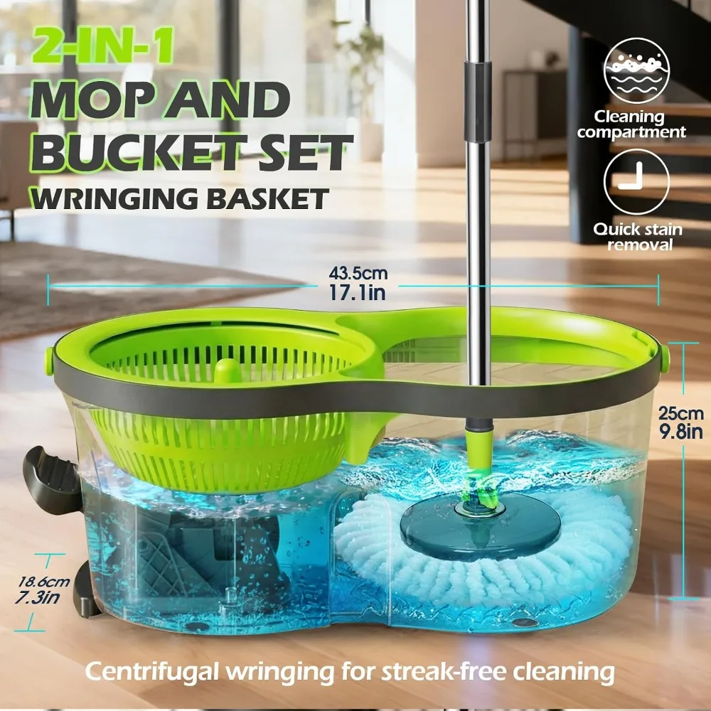 360° Spin Mop Bucket with Wringer, Hands-Free Pedal, Microfiber Pads for Hardwood & Tile
