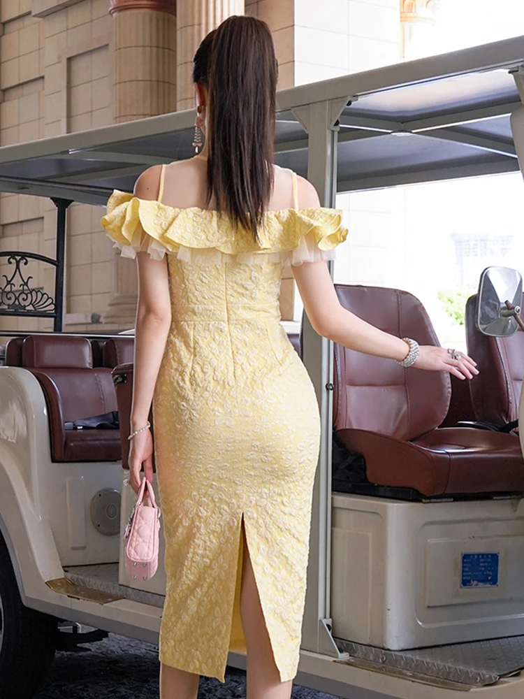 여성 의류 노란색 자카드 러플 섹시한 오프숄더 슬림 이브닝 드레스 우아한 여성 패션 파티 프롬 생일 드레스 신상품
