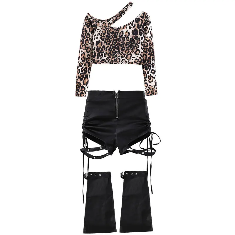 Ropa de baile de salón para niños, camiseta de leopardo para niñas, traje de baile con parte inferior de cuero, uniforme de Hip Hop a la moda
