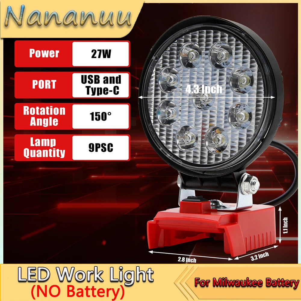 Nananuu 27W LED Work Light Compatibliy LED Flashlight Battery Tool Lamp Flood Lights For Milwaukee M18 18V Li-ion Battery