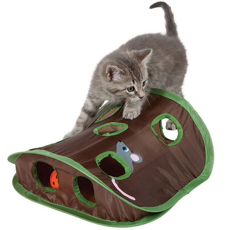 Interactive Cat Toys Cat Hide & Seek Game Toy Collapsible Puzzle Exercise Toy 9 Holes Mouse Hunt with Ball