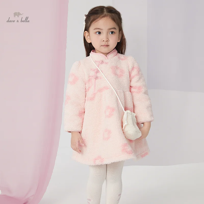 Dave Bella Baby Girl Dresses Winter Baby Girls Knitted Dress Toddler Girls Pink Flowers Dresses With Wallet DB4238053