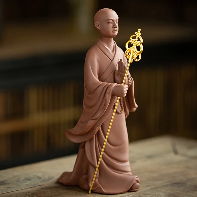 Chinese-style purple clay ceramic statue of Bodhisattva Ksitigarbha for worship, Zen-inspired home decor, feng shui entranceway