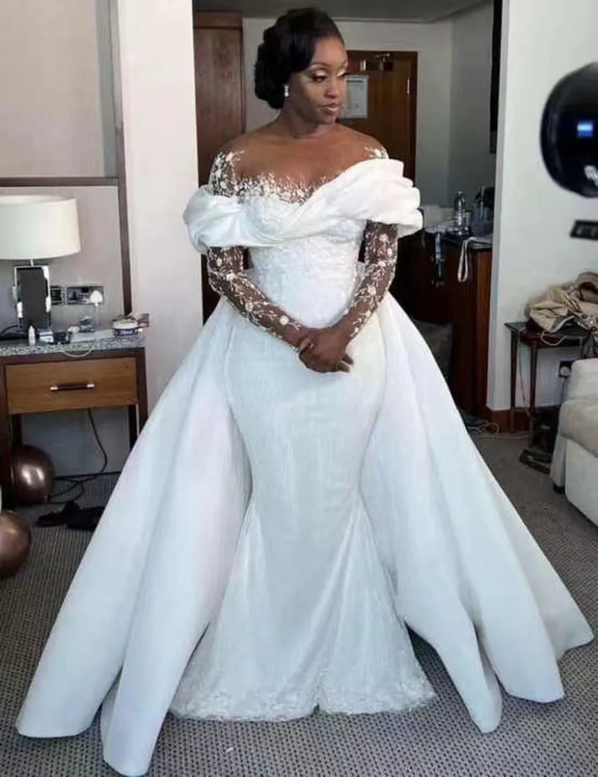 Robe de Mariée Africaine à Manches sulfet Col Transparent pour Femme, Élégante, en Dentelle, avec Poignées Appliquées, Train, 2025