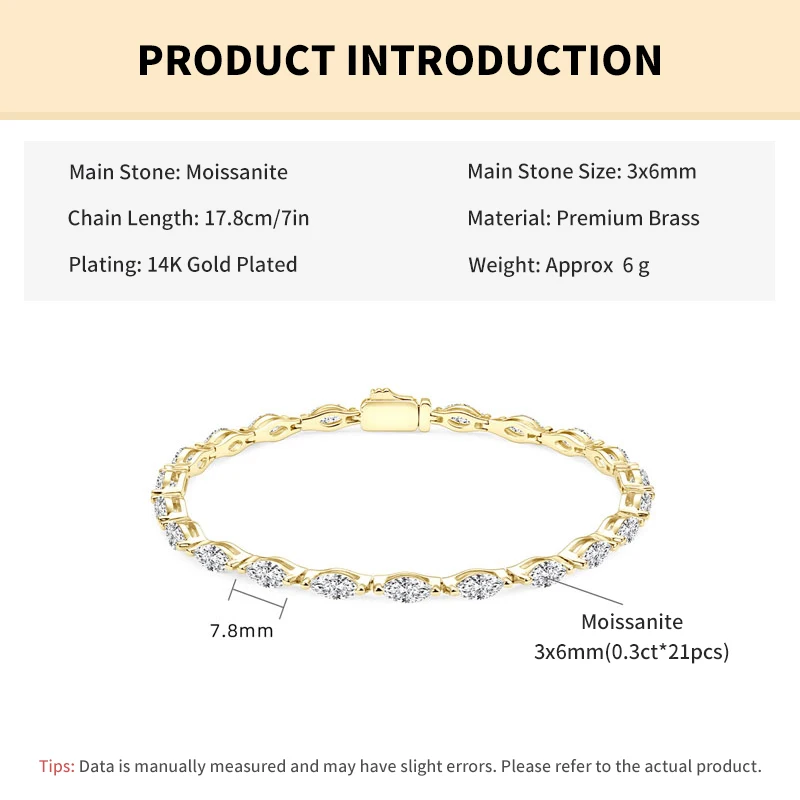 Rrjzz 3 x 6 mm Marquise-Schliff, D-Farbe, vollständiges Moissanit-Armband für Damen, luxuriöses 7 Zoll 17,8 cm langes Ketten-Verlobungsarmband, Schmuck, Geschenke – Detail 1