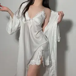 Twinset Robe Set Sexy Lace Bathrobe Gown Women Nightdress Nightwear Loungewear New Summer Female Sleepwear Rayon Home Dress