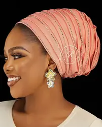 Turbante plisado con diamantes de imitación para mujer, gorro africano de Color caramelo, gorrito musulmán de Geles nigerianos, envolturas para la cabeza, novedad de 2022